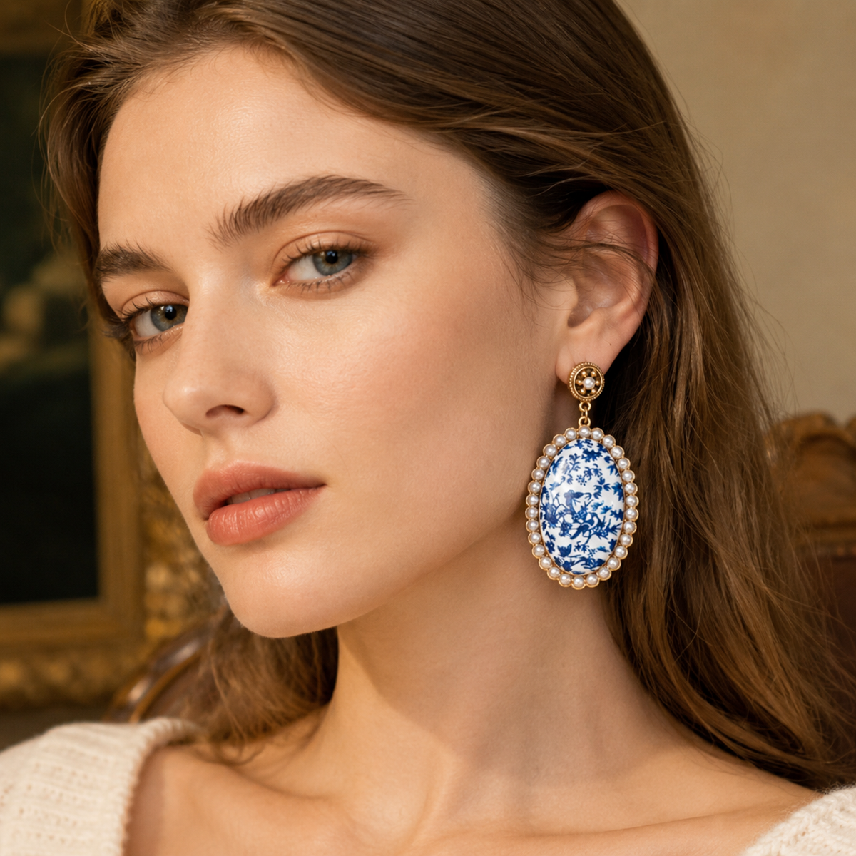 Vintage Blue White Porcelain Pearl Stud Earrings