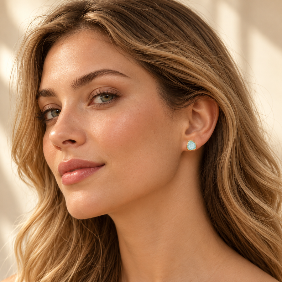 Raw Aquamarine Gold Stud Earrings