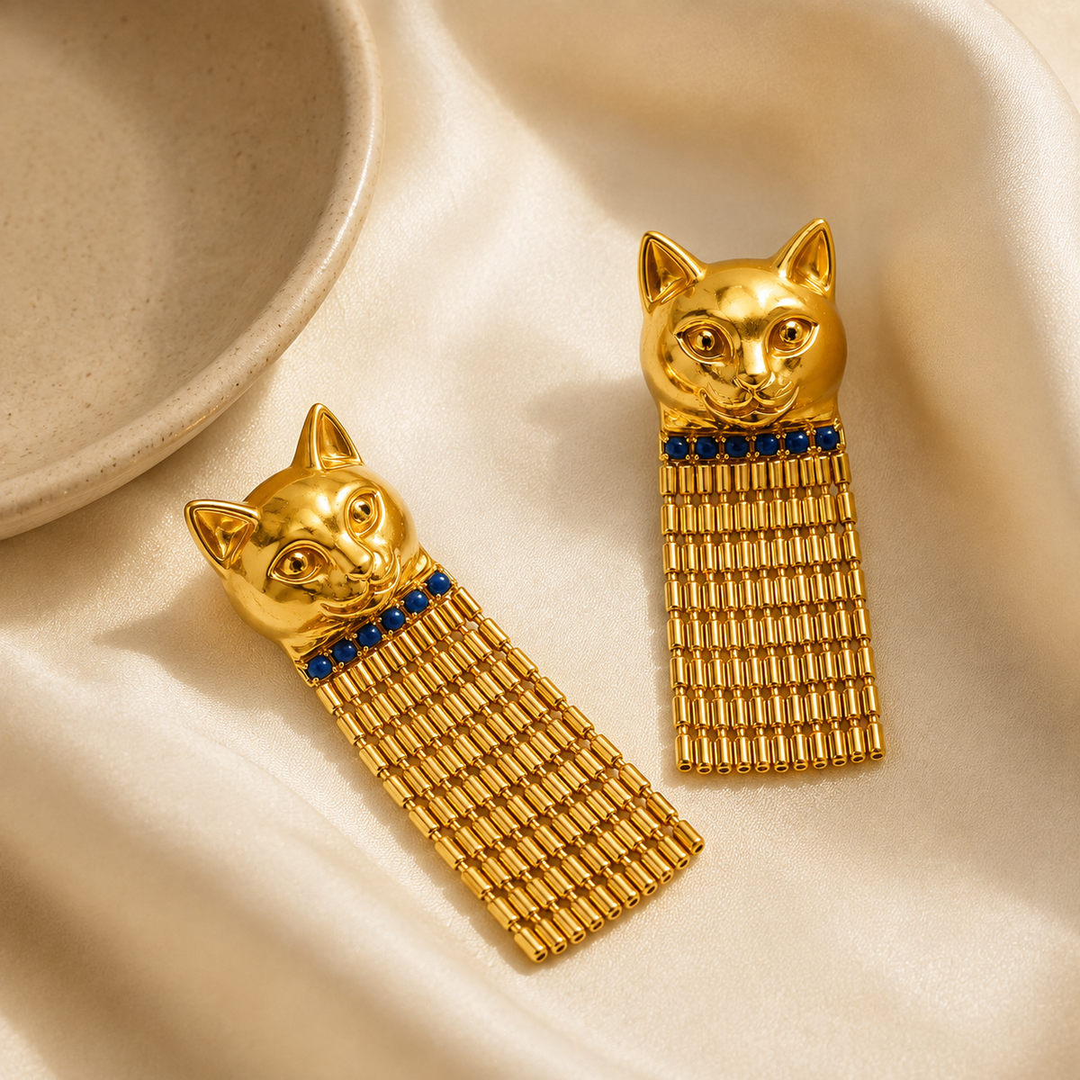 Vintage Egyptian Bastet Cat Tassel Earrings