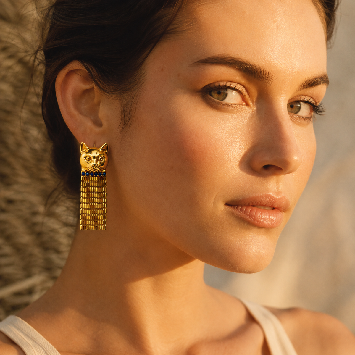 Vintage Egyptian Bastet Cat Tassel Earrings