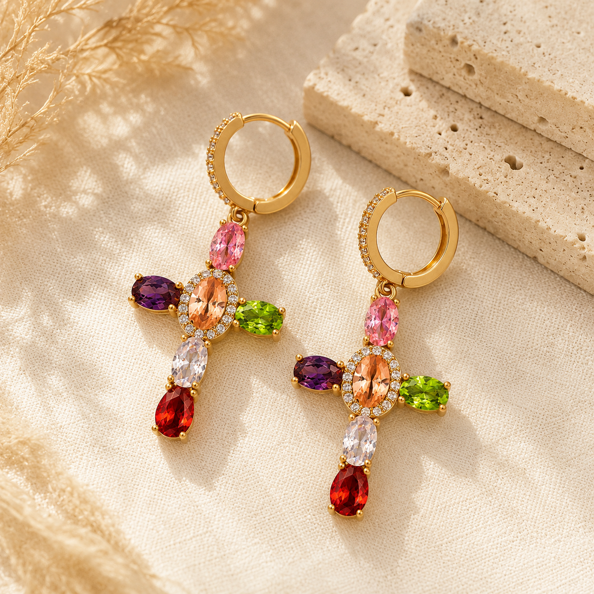 Rainbow CZ Cross Earrings