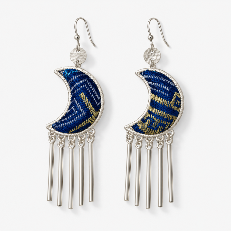 Zhuang Brocade Moon Tassel Earrings