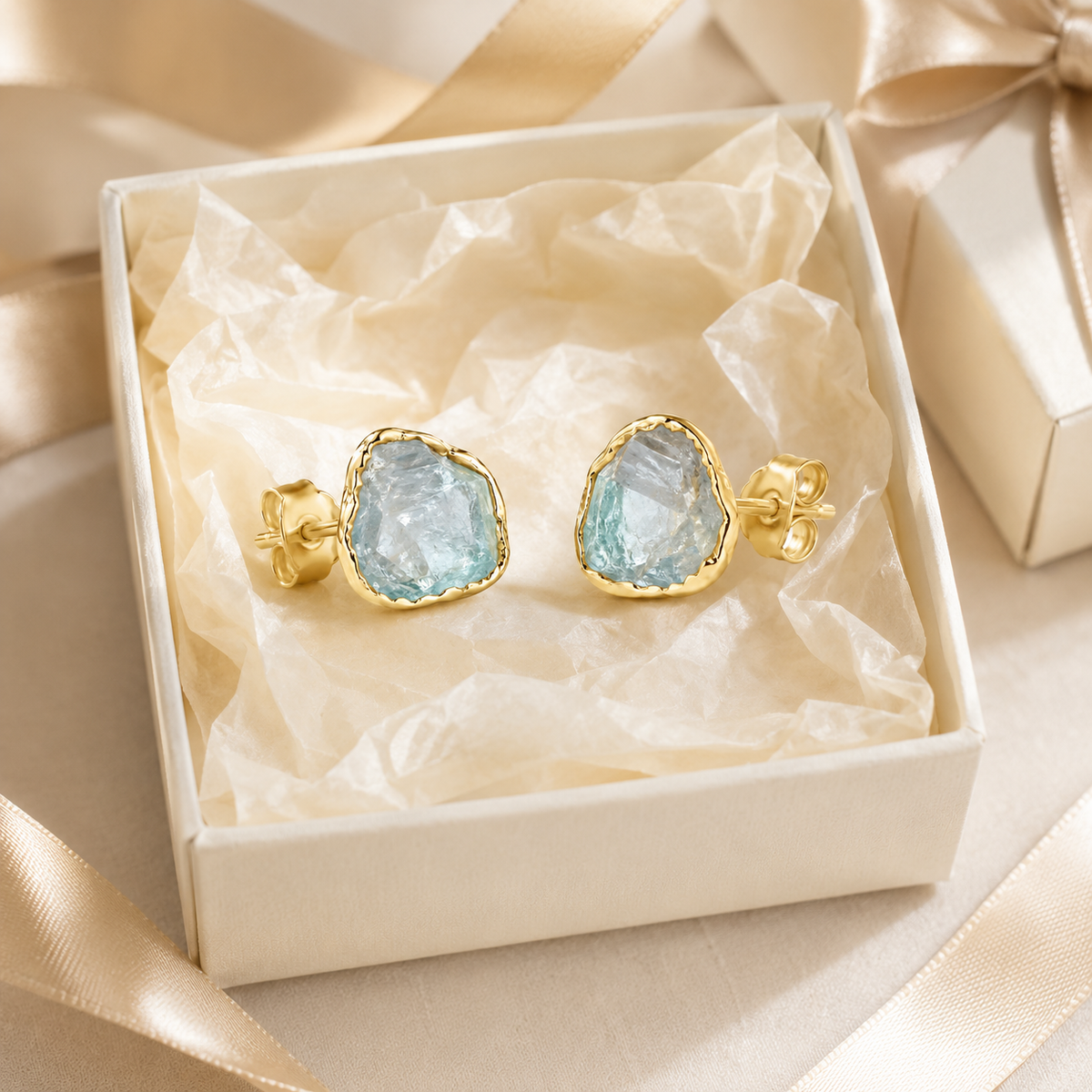 Raw Aquamarine Gold Stud Earrings