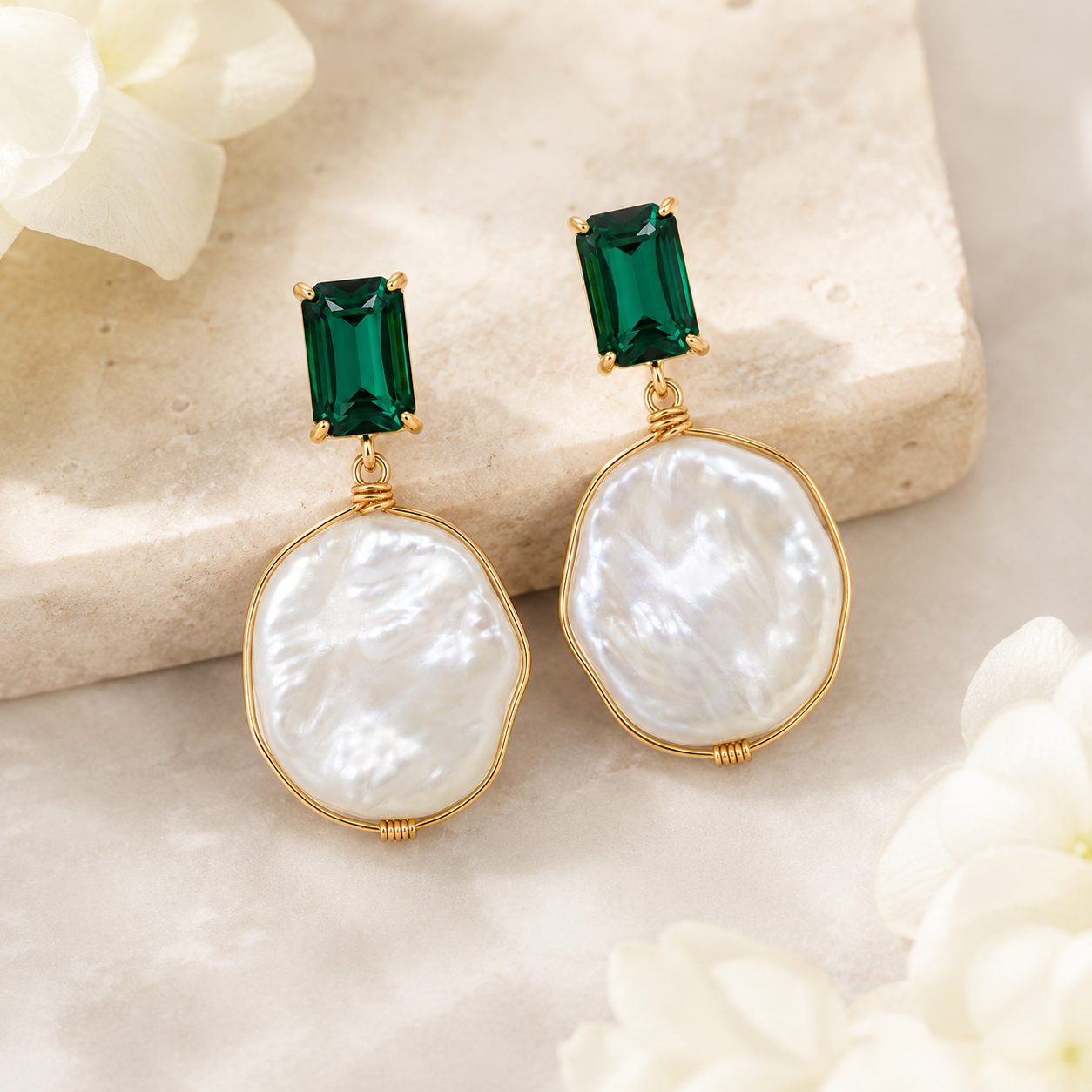 Emerald Gemstone  Baroque Pearl Earrings