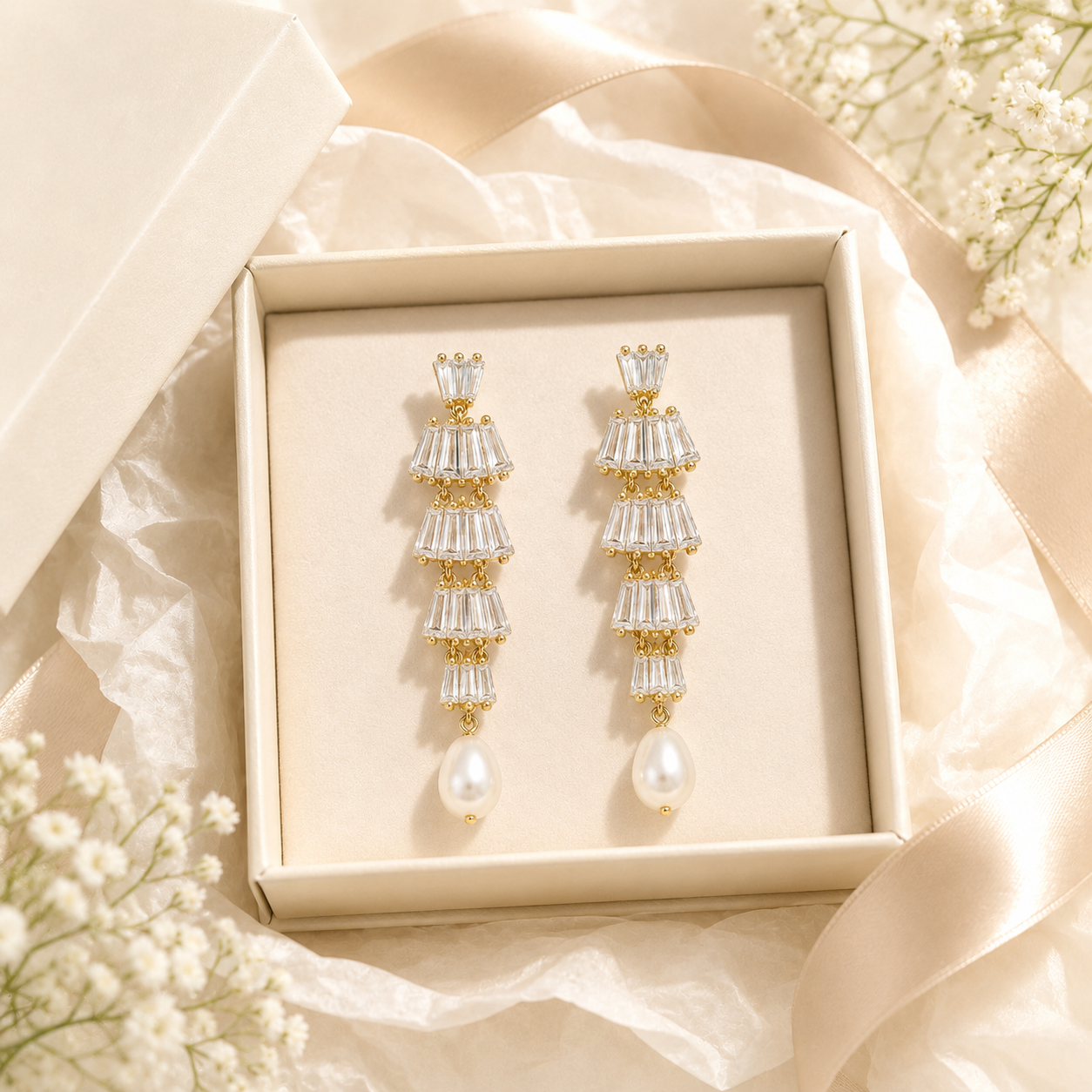Baguette CZ amp; Freshwater Pearl Earrings