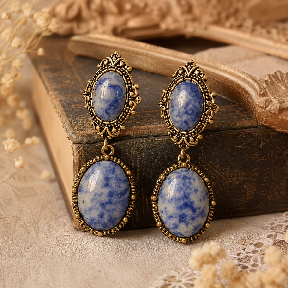Vintage Blue Porcelain Statement Earrings