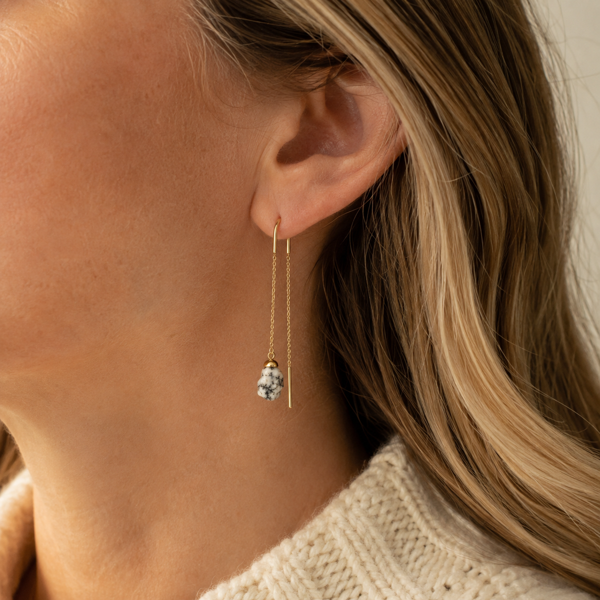 Raw Dendrite Opal Threader Earrings