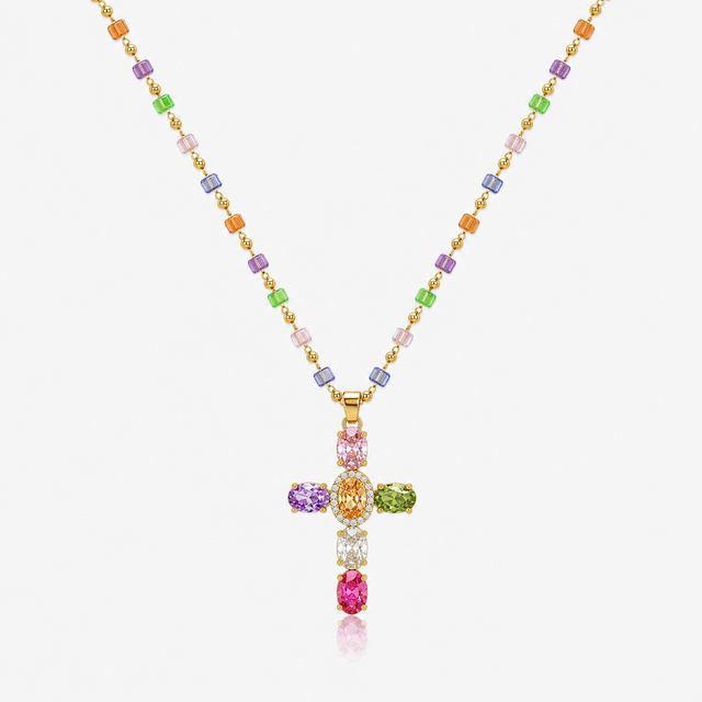 Multicolor Cubic Zirconia Cross Pendant Necklace