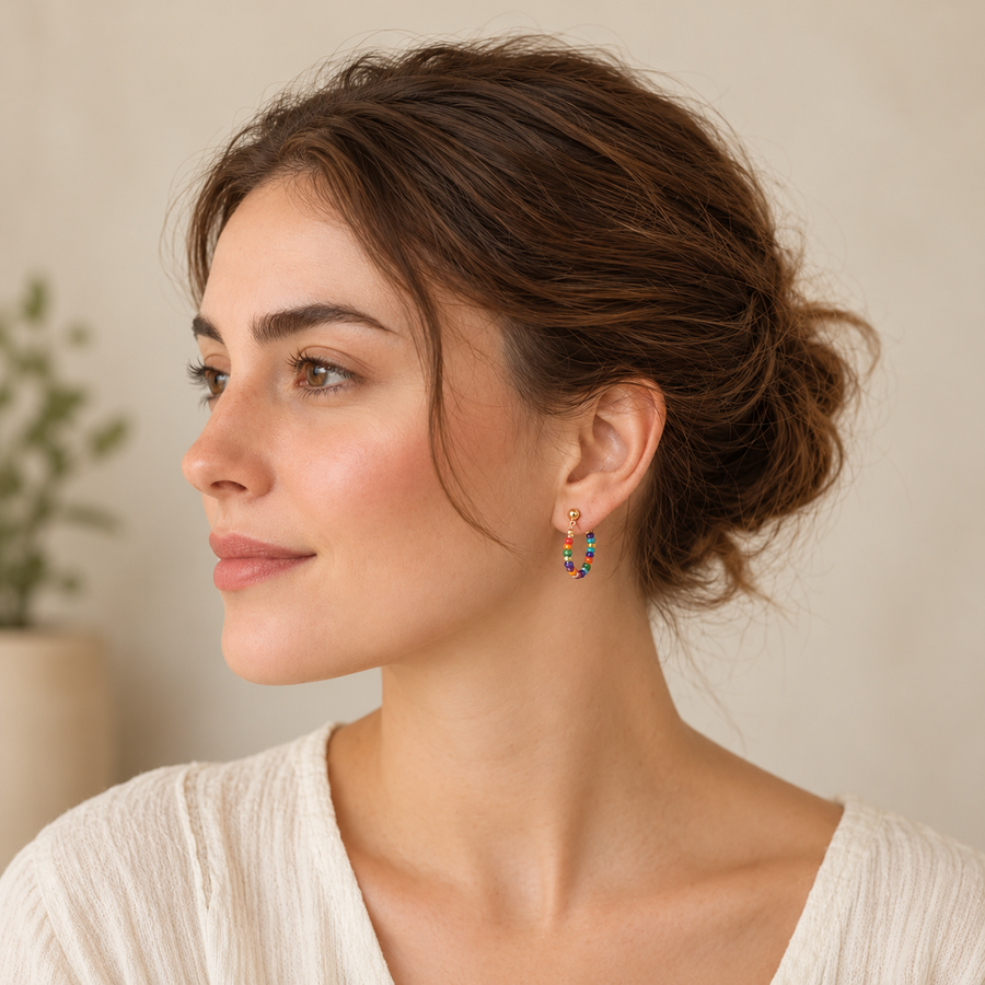 Colorful Beaded Silver Stud Earrings