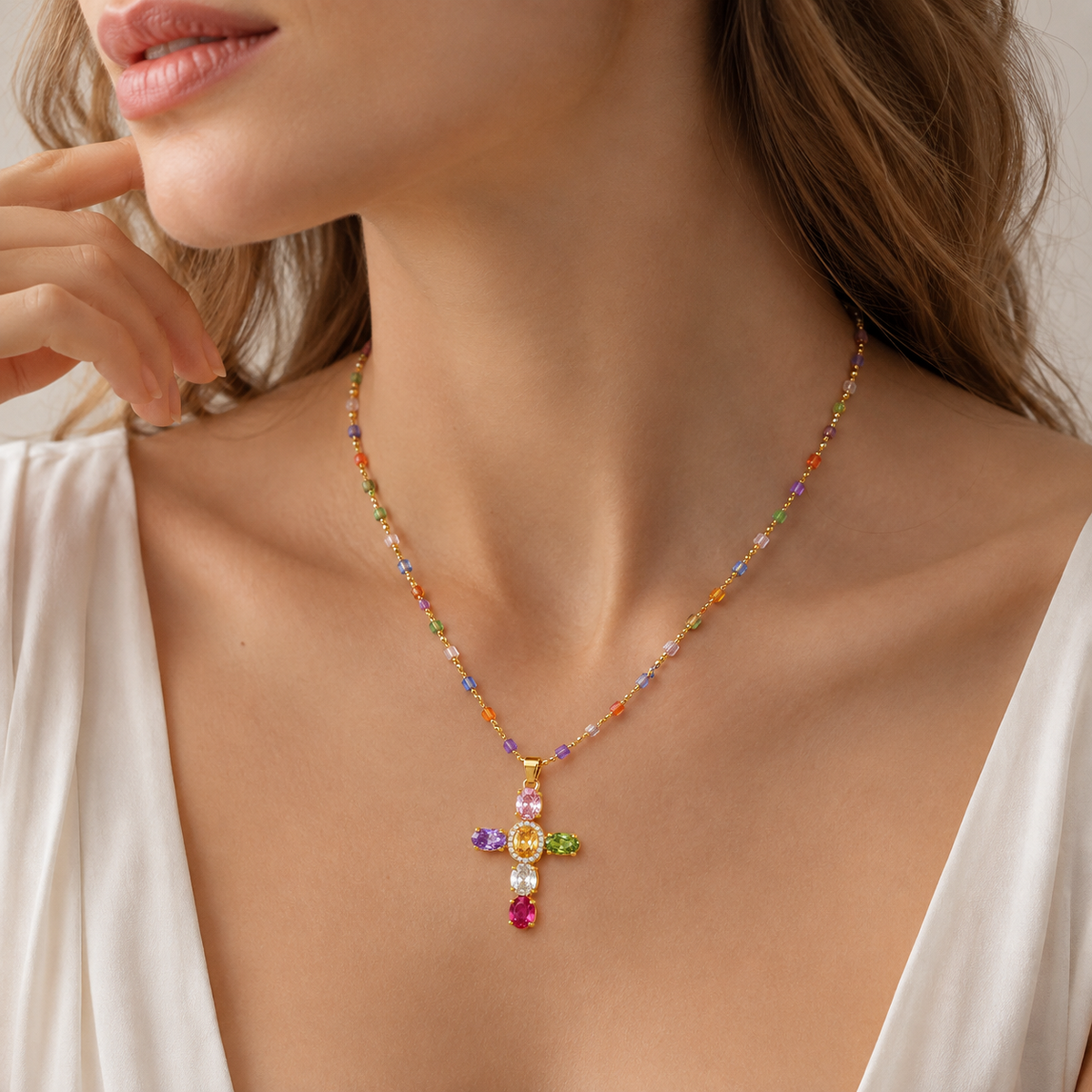 Multicolor Cubic Zirconia Cross Pendant Necklace