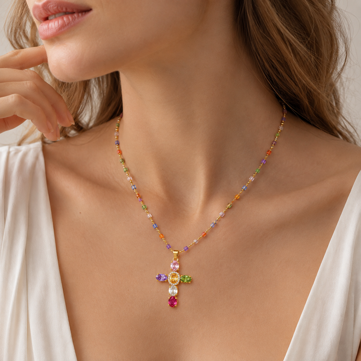 Multicolor Cubic Zirconia Cross Pendant Necklace