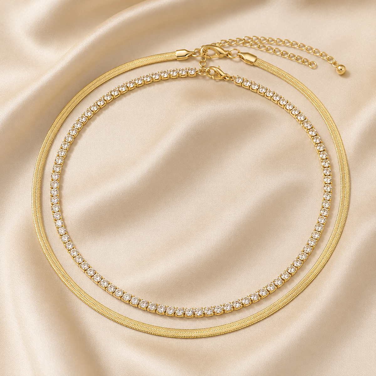 Layered Tennis Herringbone Necklace