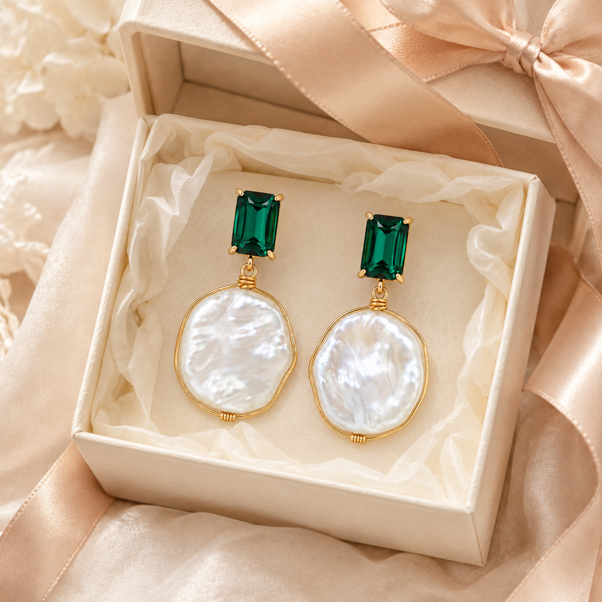 Emerald Gemstone  Baroque Pearl Earrings