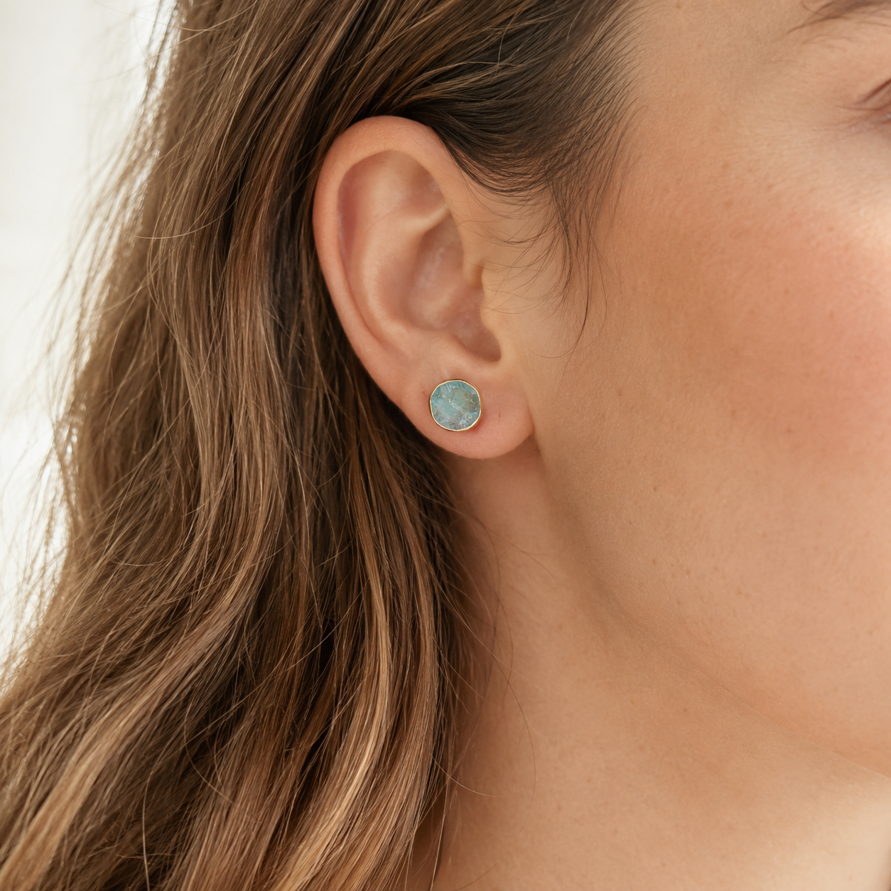 Raw-Cut Aqua Gemstone Stud Earrings