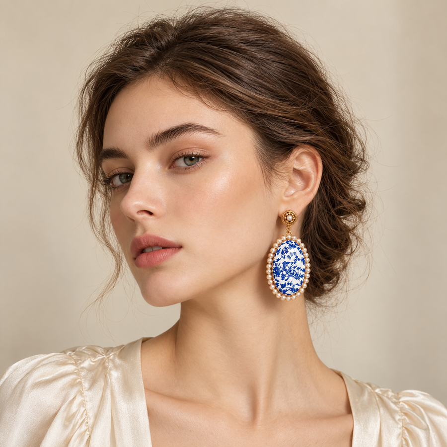 Vintage Blue White Porcelain Pearl Stud Earrings