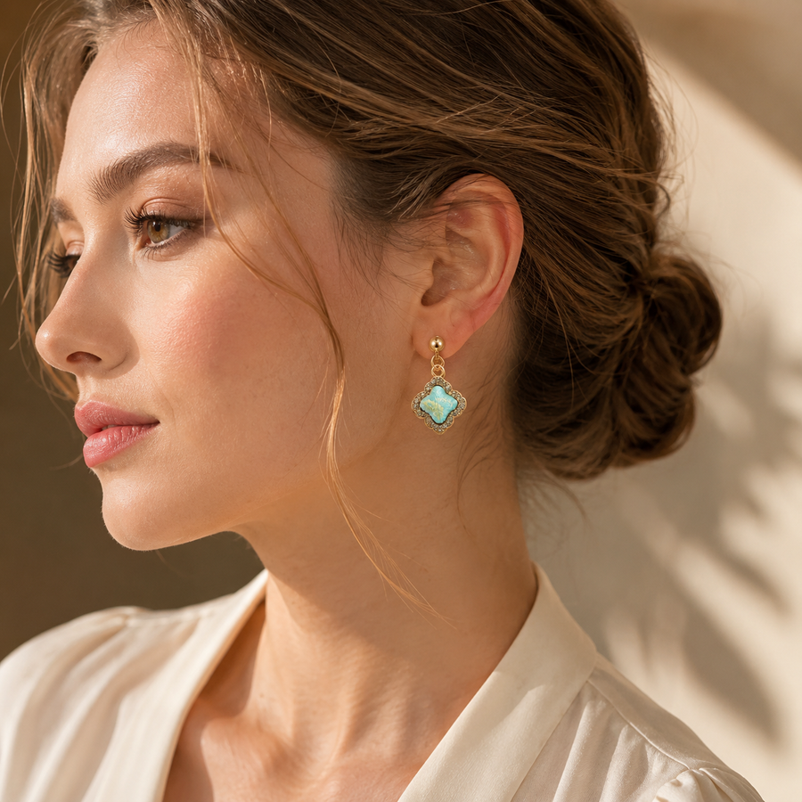 Cyan Clover Rhombus Earrings