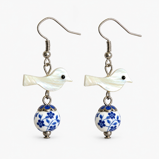 Porcelain Bead Shell Bird Earrings