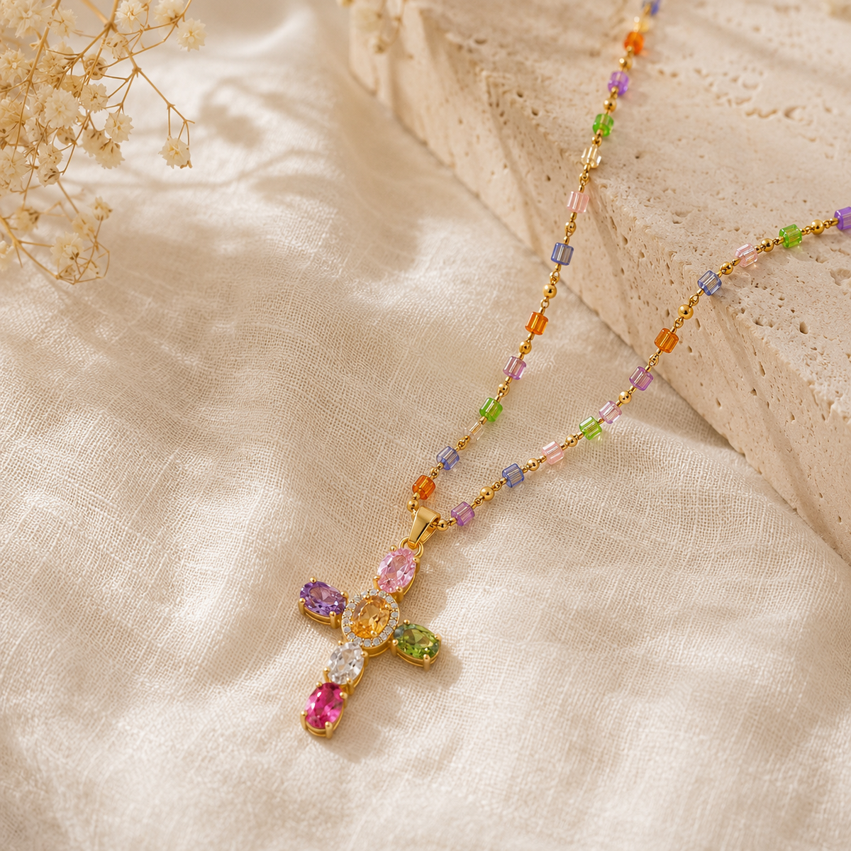 Multicolor Cubic Zirconia Cross Pendant Necklace