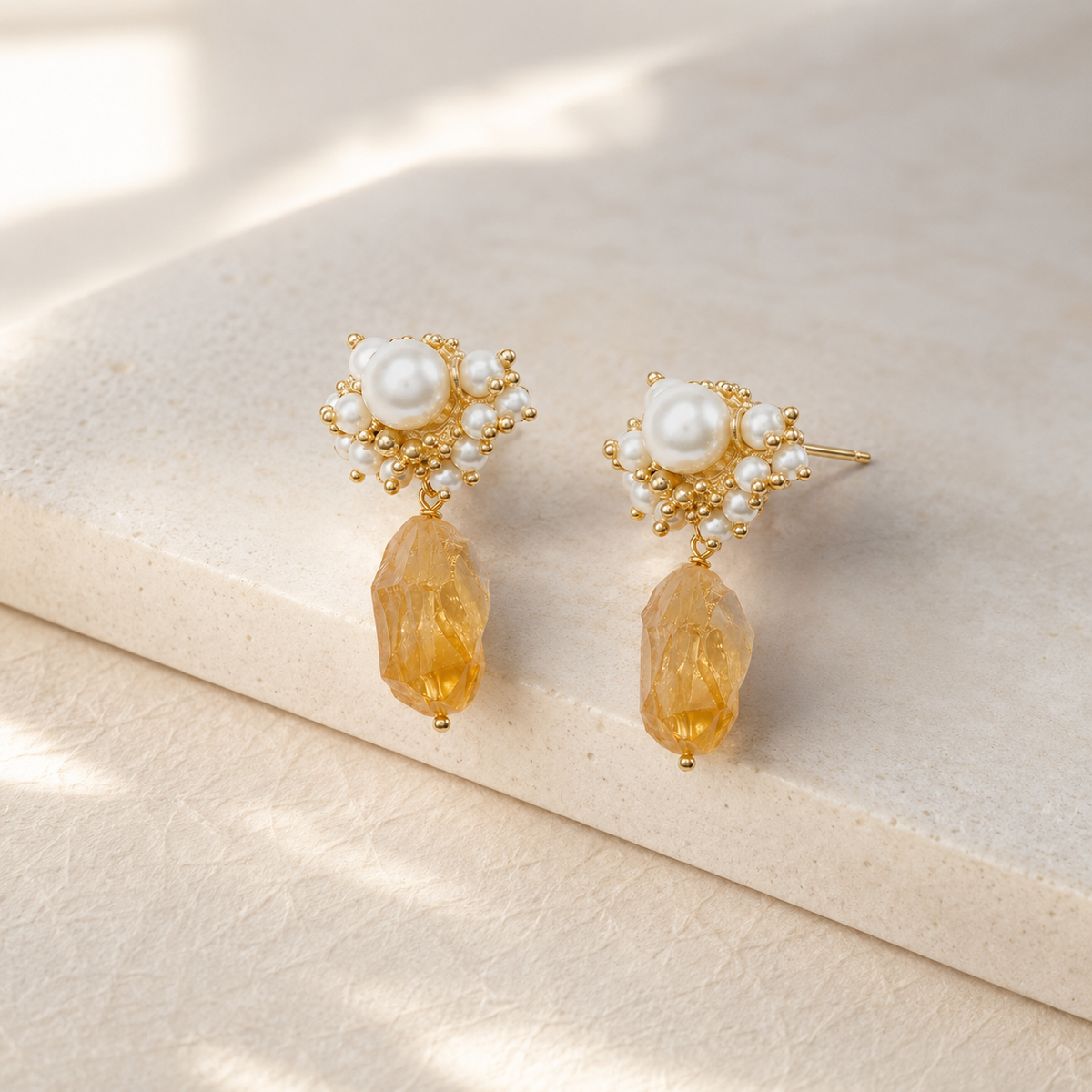 Raw Citrine Pearl Drop Earrings