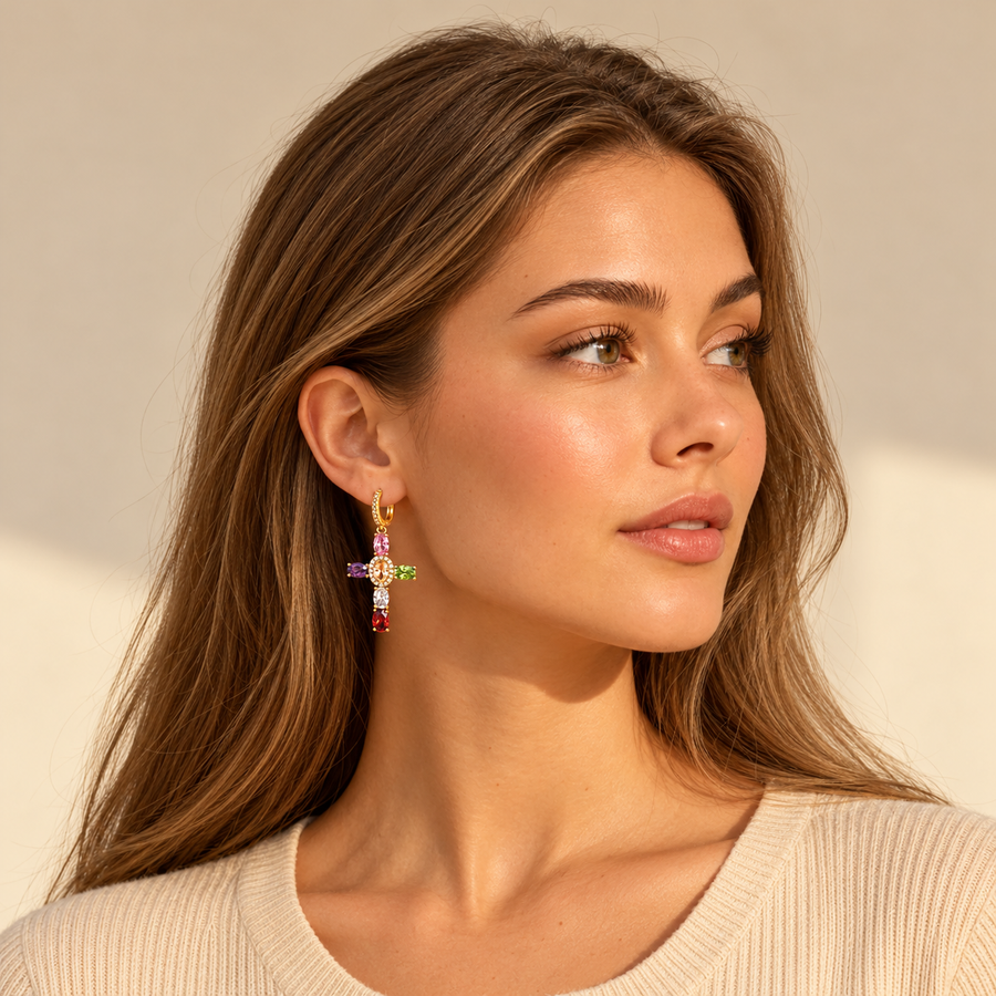 Rainbow CZ Cross Earrings