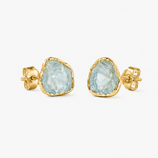 Raw Aquamarine Gold Stud Earrings