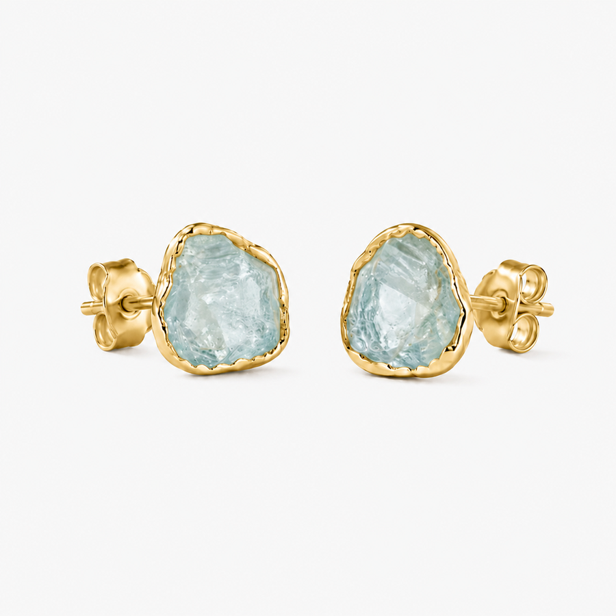 Raw Aquamarine Gold Stud Earrings