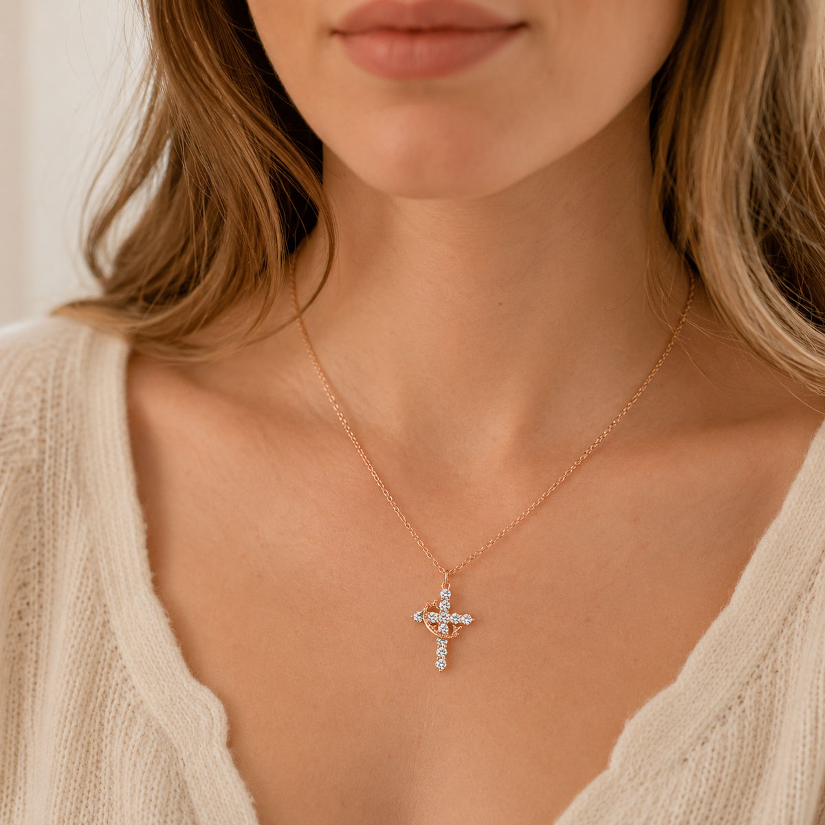Sparkling Crown Cross Pendant Necklace