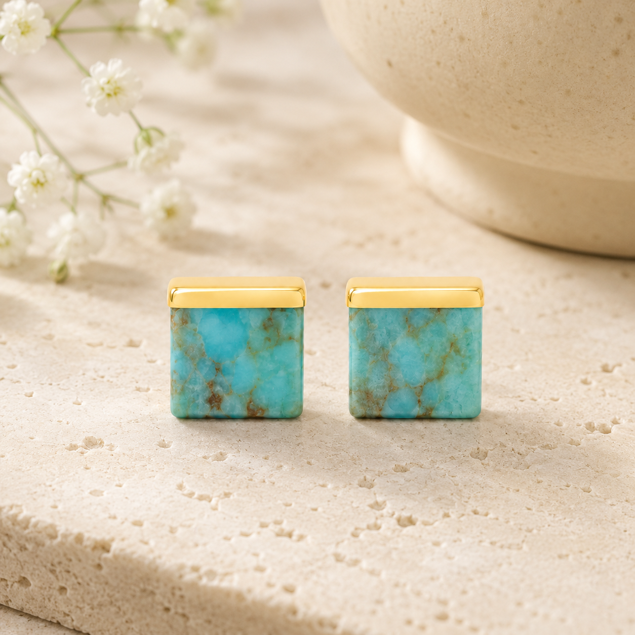 Square Turquoise Gold Cap Studs