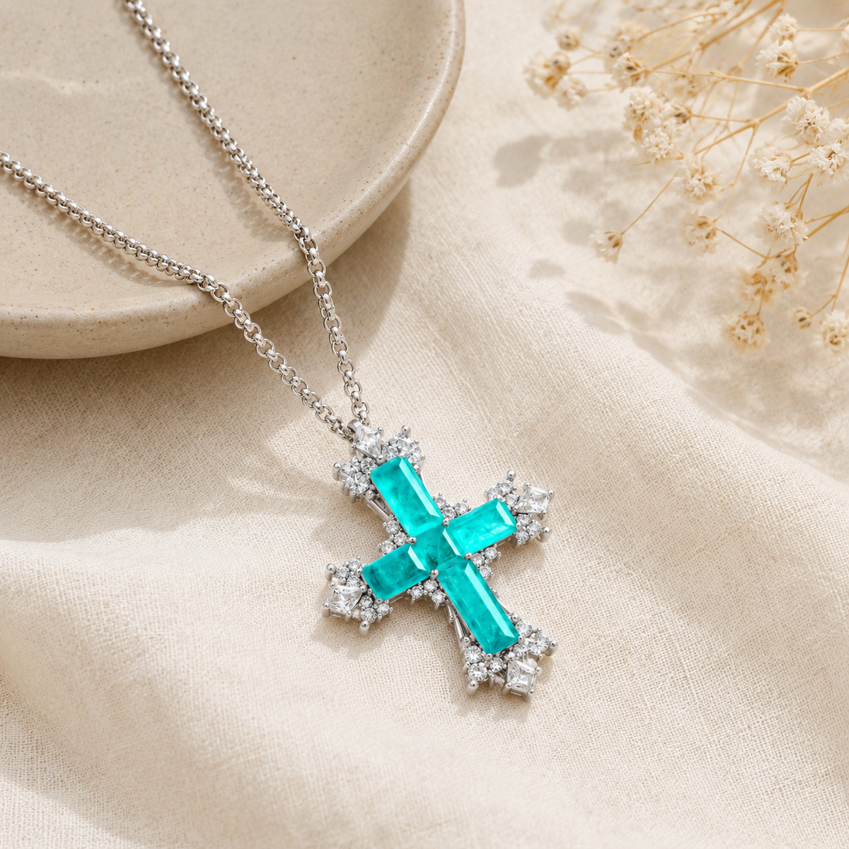 Small Paraiba Cross Pendant Necklace