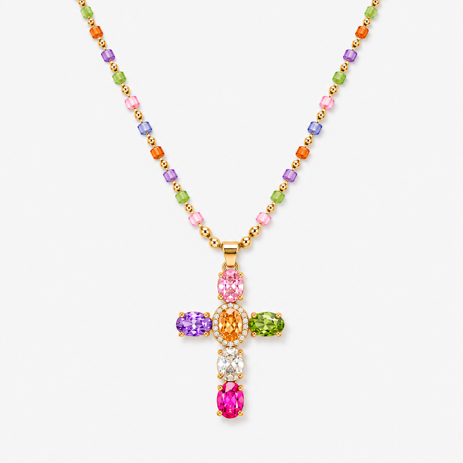 Multicolor Cubic Zirconia Cross Pendant Necklace