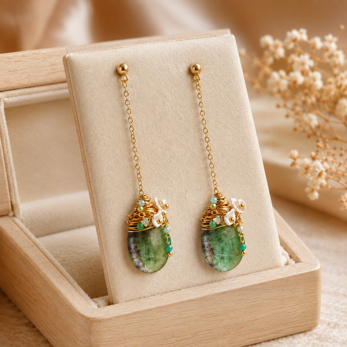 Green Fluorite & Baroque Pearl Earrings