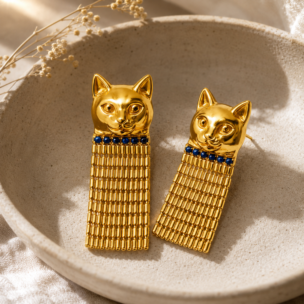Vintage Egyptian Bastet Cat Tassel Earrings