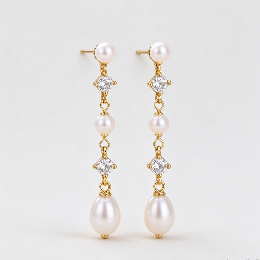 14K Gold-Plated Pearl CZ Drop Earrings
