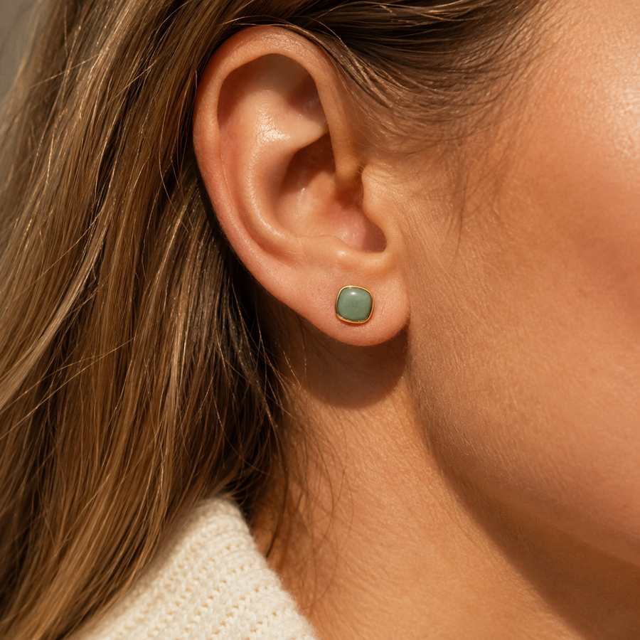 Green Jade Square Stud Earrings