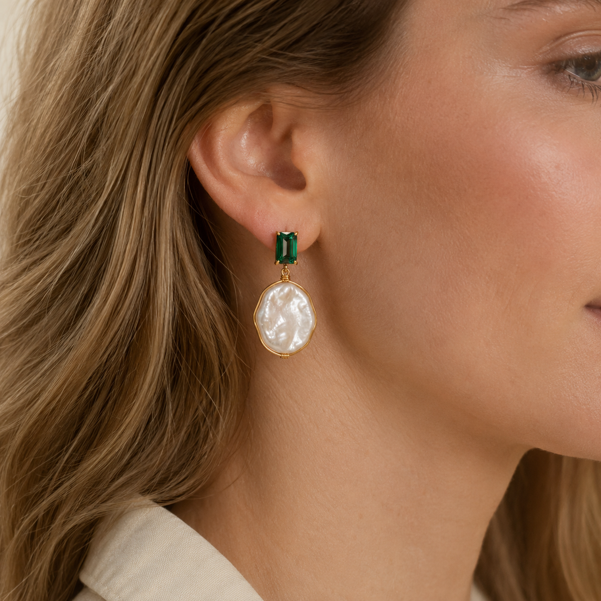 Emerald Gemstone  Baroque Pearl Earrings