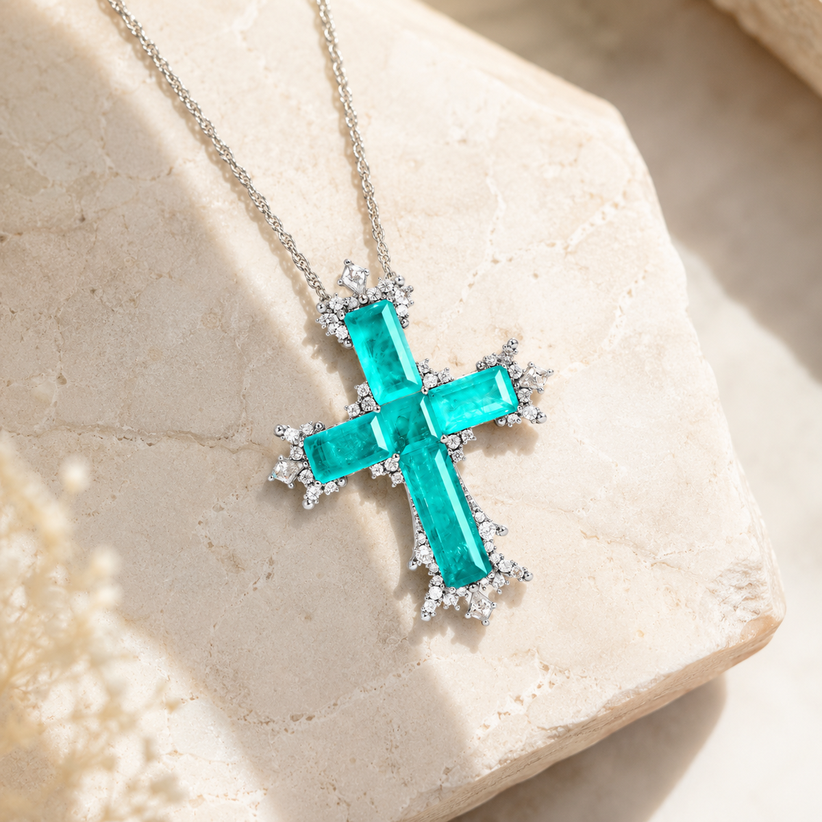 Large Paraiba Cross Pendant Necklace