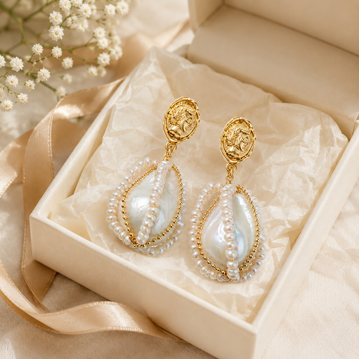 Vintage Coin Baroque Pearl Earrings