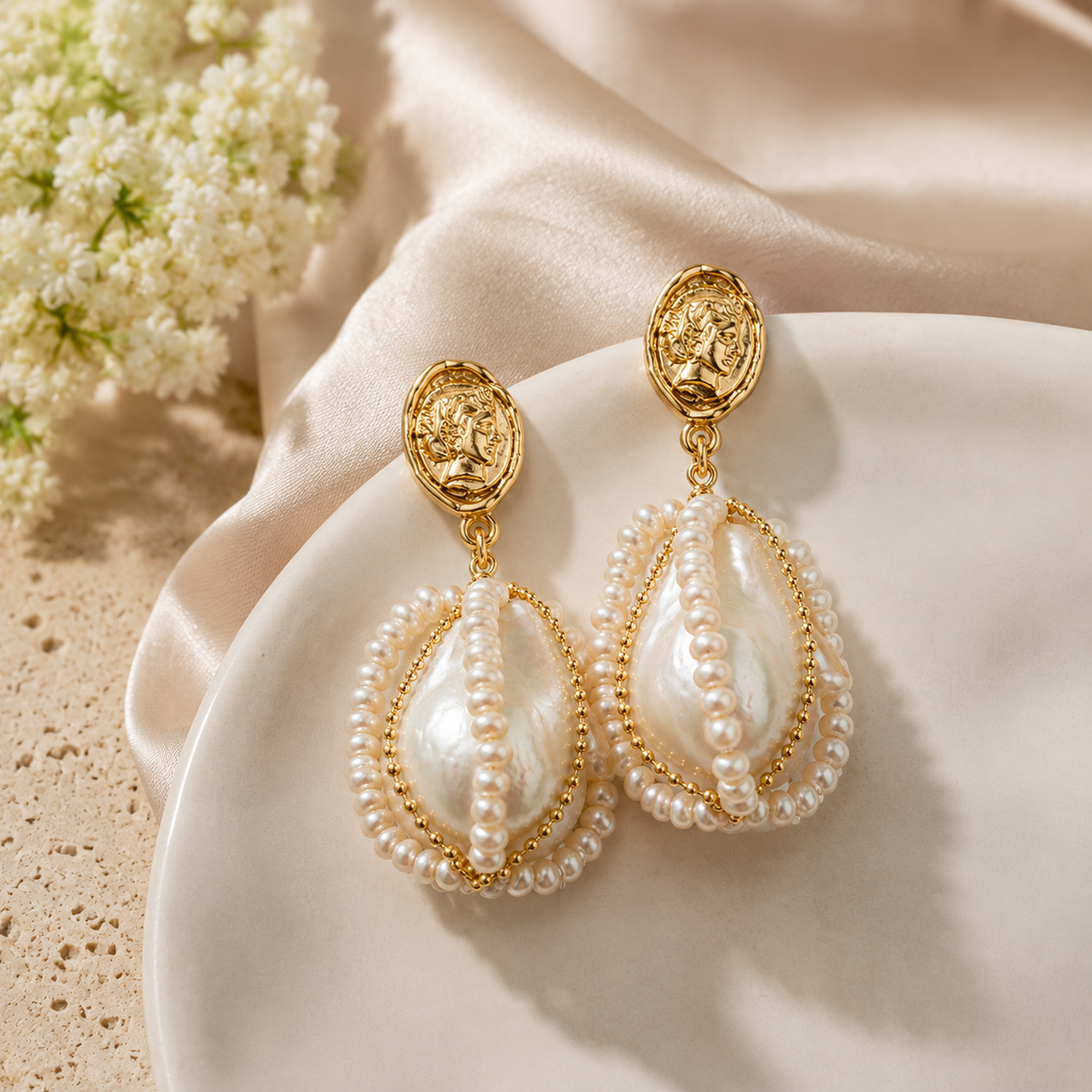 Vintage Coin Baroque Pearl Earrings