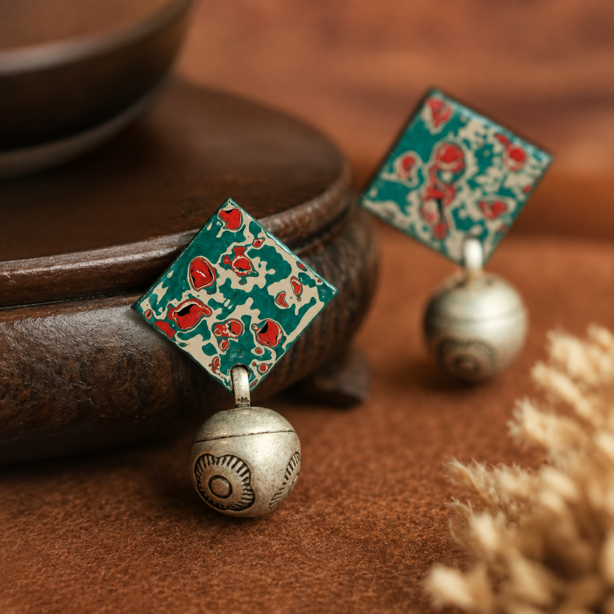 Antique Silver Lacquer Bell Earrings