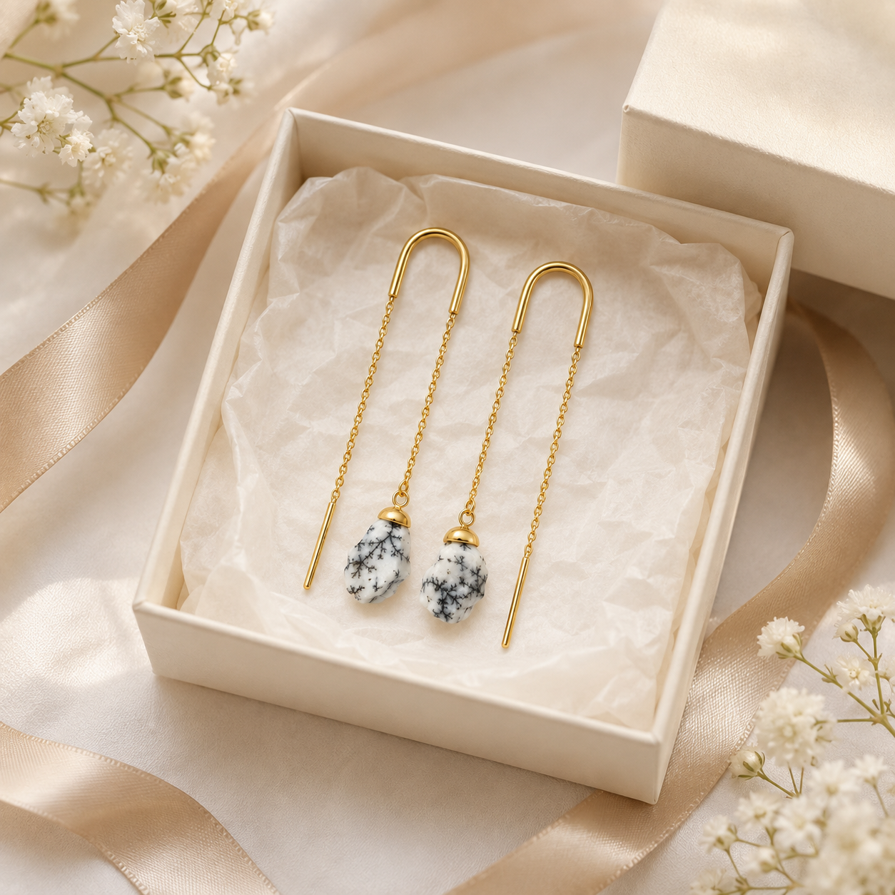 Raw Dendrite Opal Threader Earrings