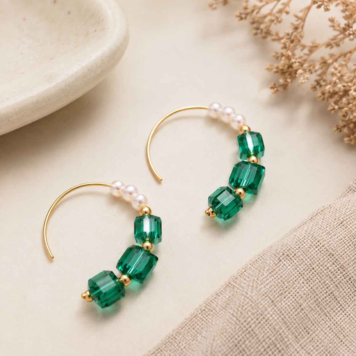 Green Sugar‑Cube Sparkling Natural Pearl Earrings
