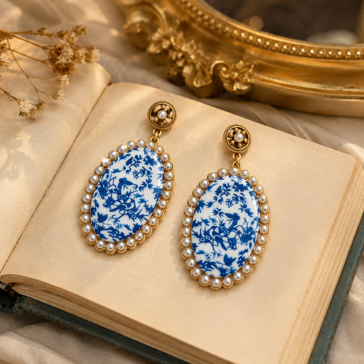 Vintage Blue White Porcelain Pearl Stud Earrings