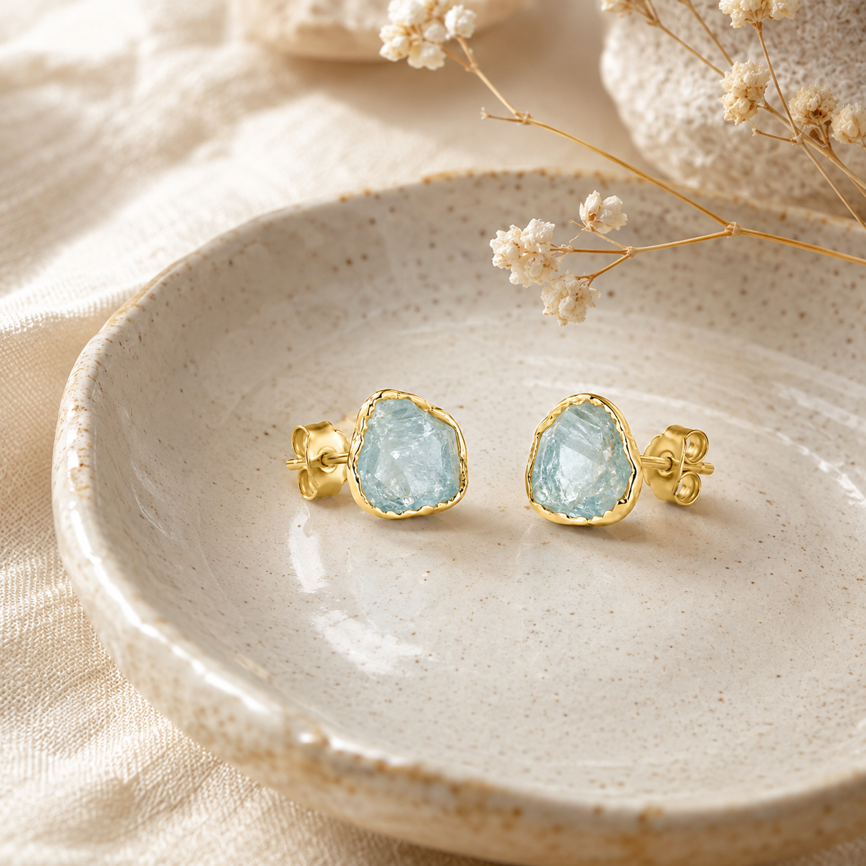 Raw Aquamarine Gold Stud Earrings