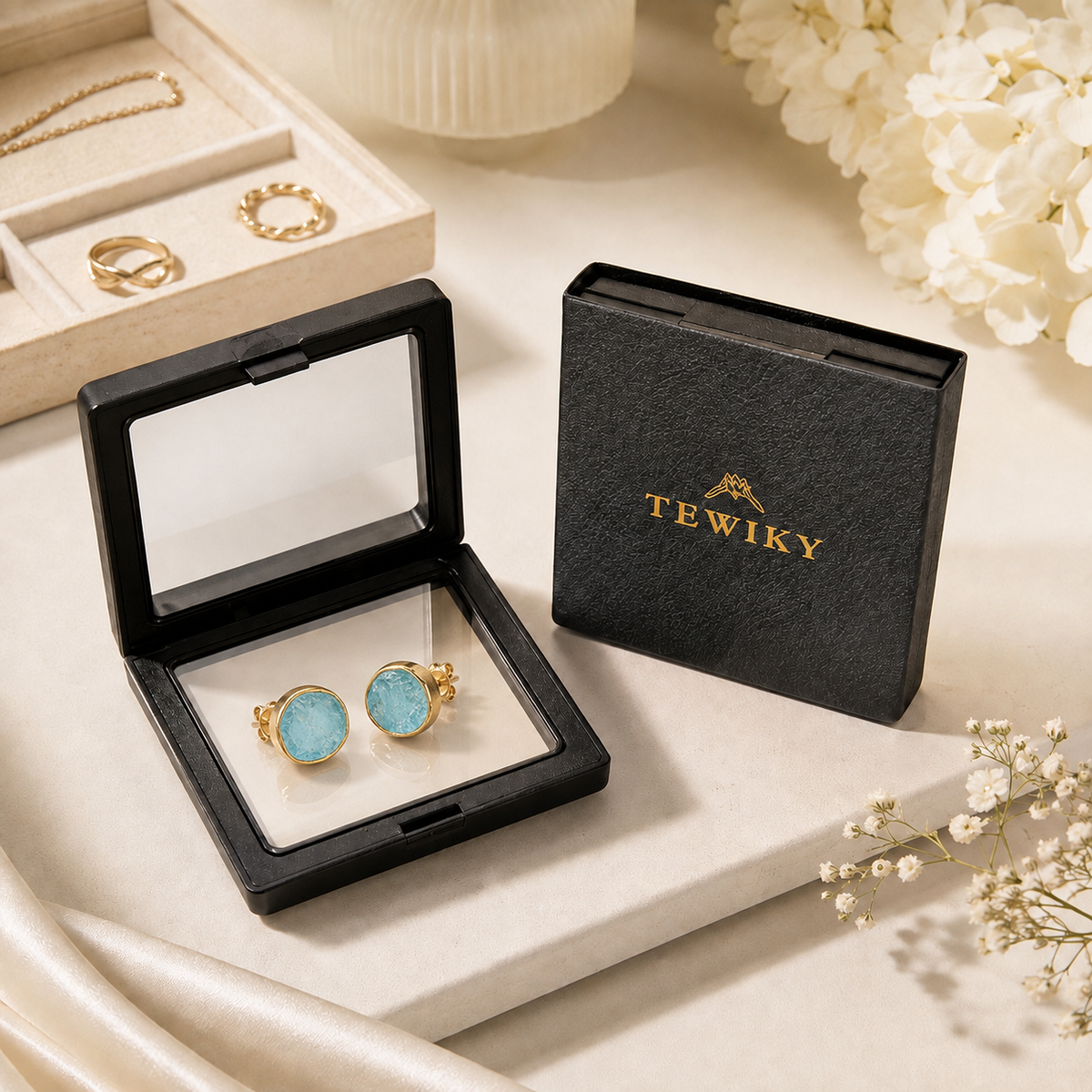 Raw-Cut Aqua Gemstone Stud Earrings