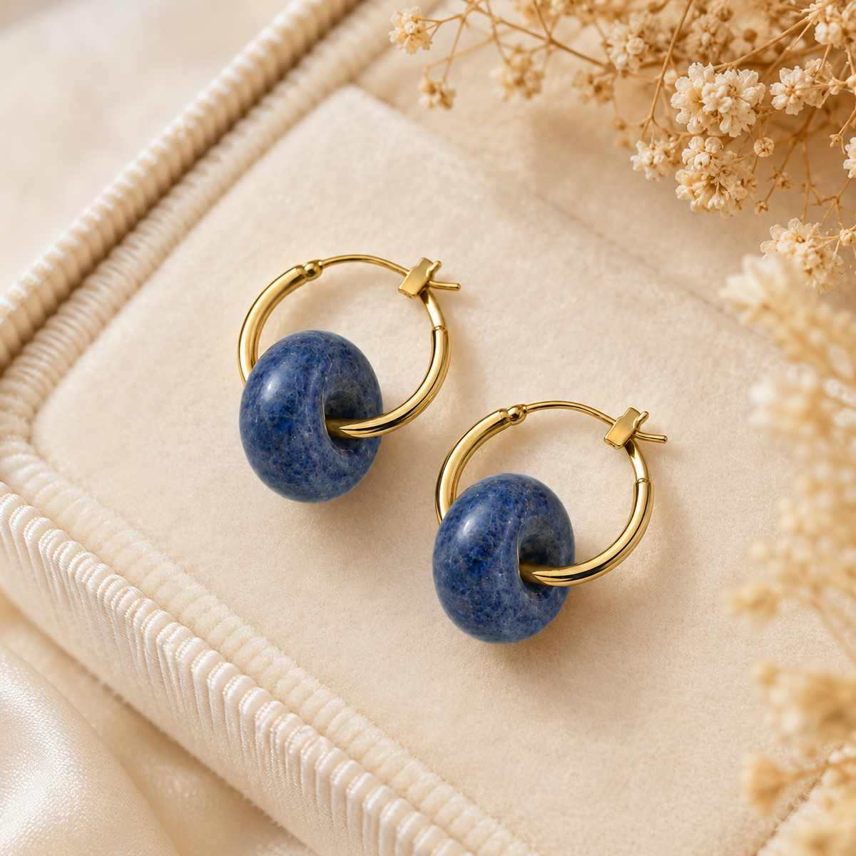 Blue Yellow Agate Hoop Earrings
