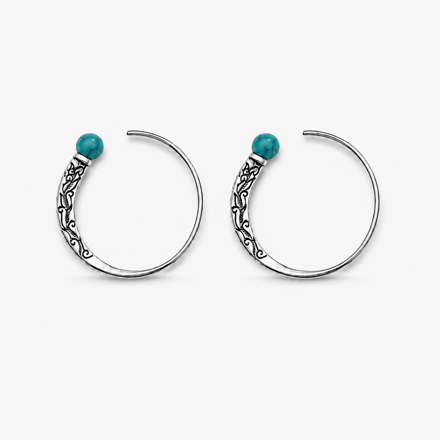 Hand-Carved Turquoise Silver Hoops