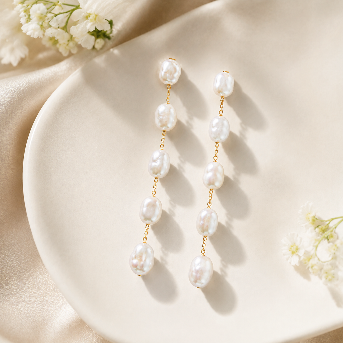 Five-Pearl Baroque Drop Earrings