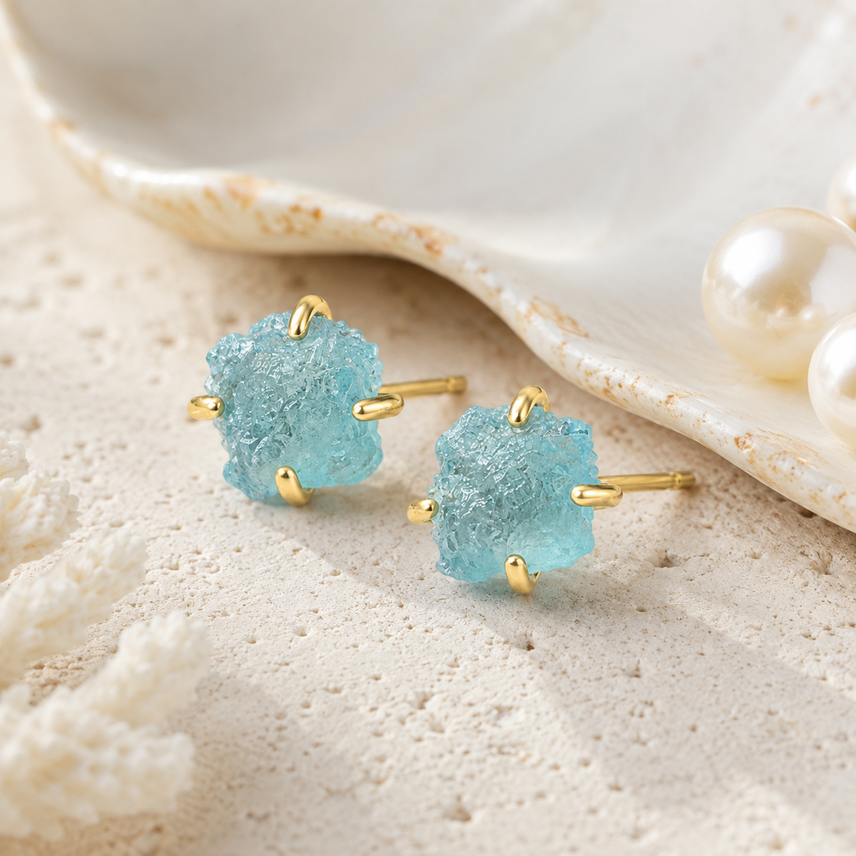 Irregular Natural Raw Aquamarine Crystal Stud Earrings