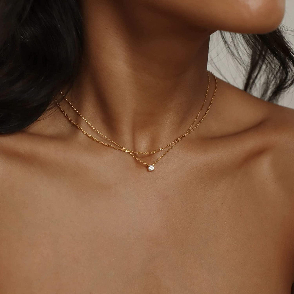 Simple Layered CZ Diamond Gold Necklace - TEWIKY