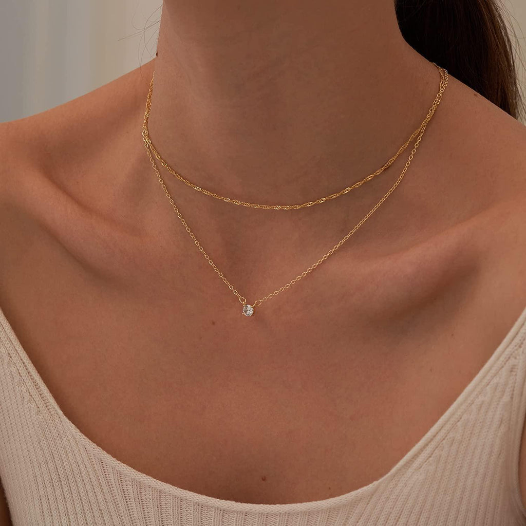 Simple Layered CZ Diamond Gold Necklace - TEWIKY